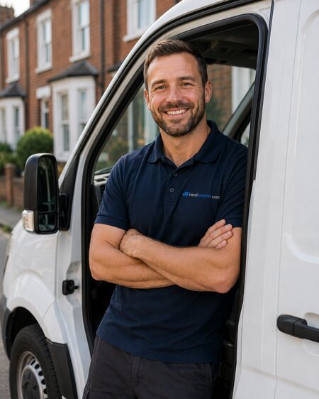 A friendly self-employed van driver standing by his van